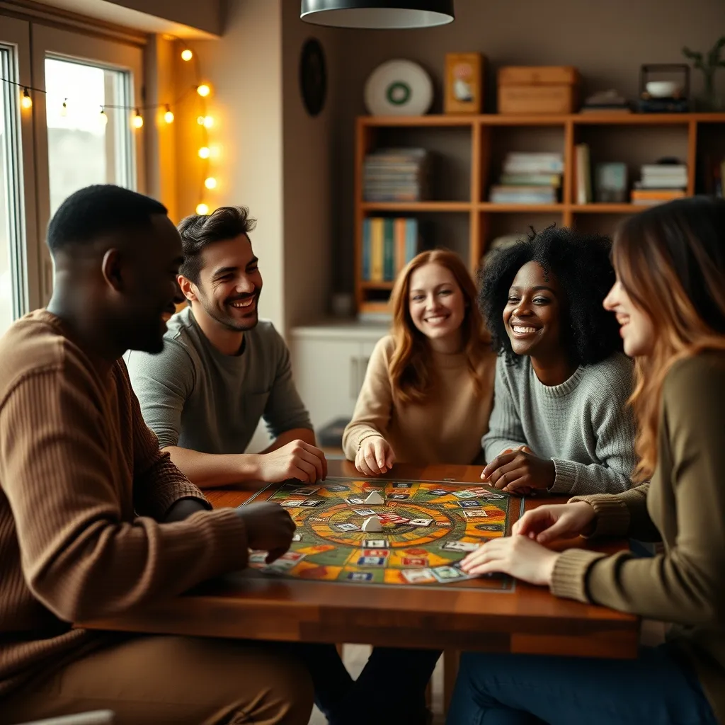 Grupo de amigos disfrutando de una velada de juegos de mesa modernos en casa