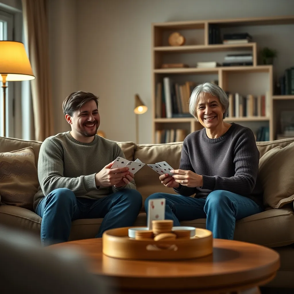 Pareja jugando a un juego de cartas rápido en el salón de casa