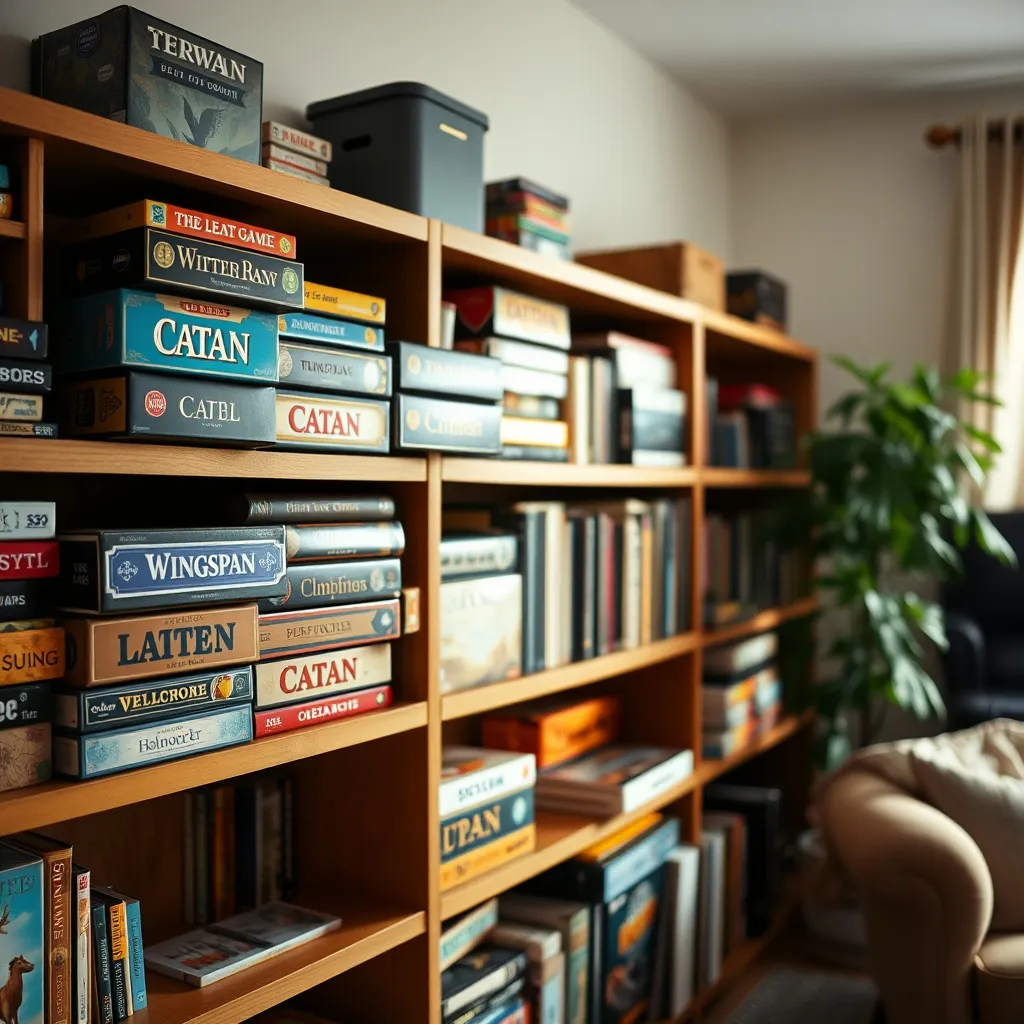 Estantería con una colección de juegos de mesa modernos organizados por categorías