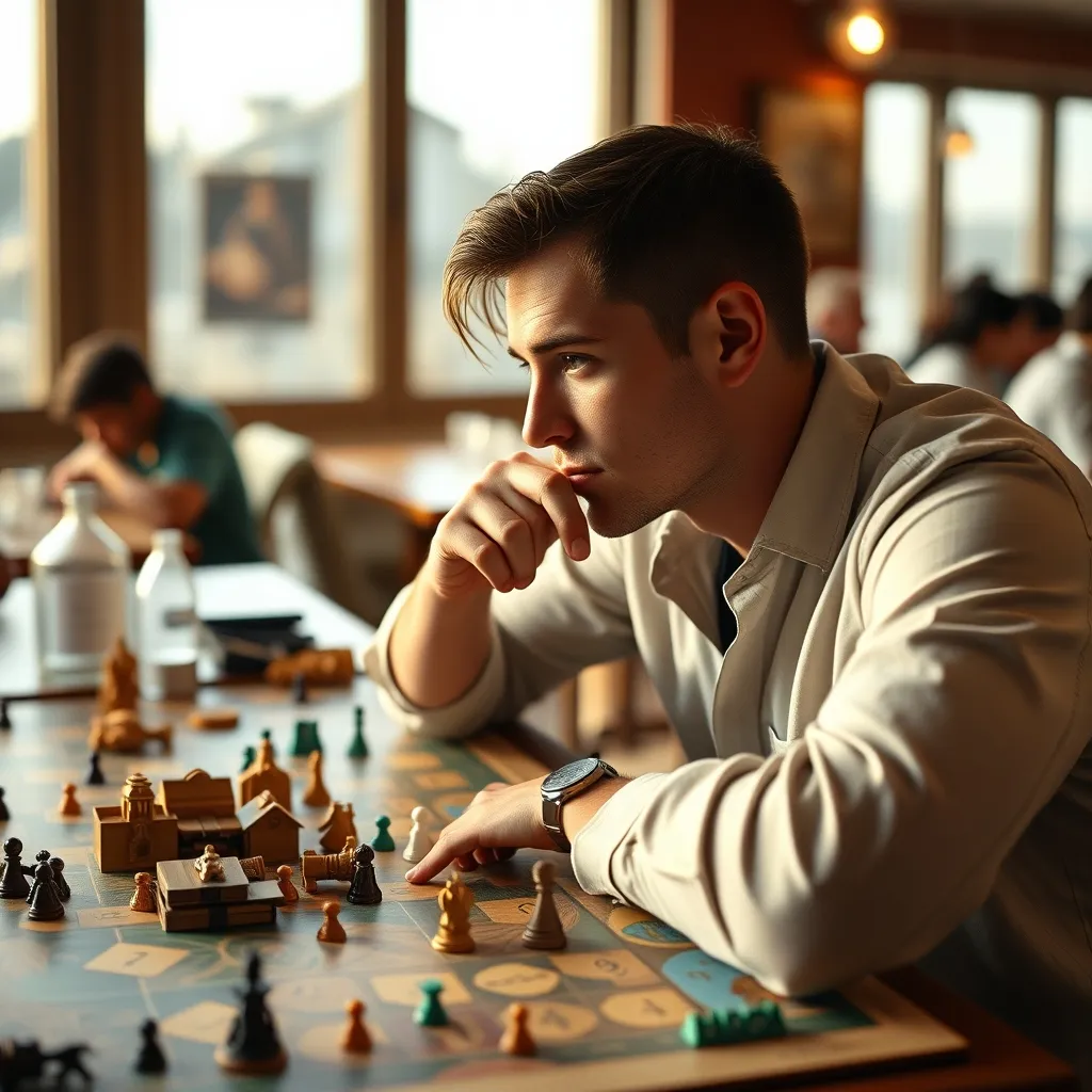 Un jugador analizando su estrategia durante una partida en un bar de juegos de mesa