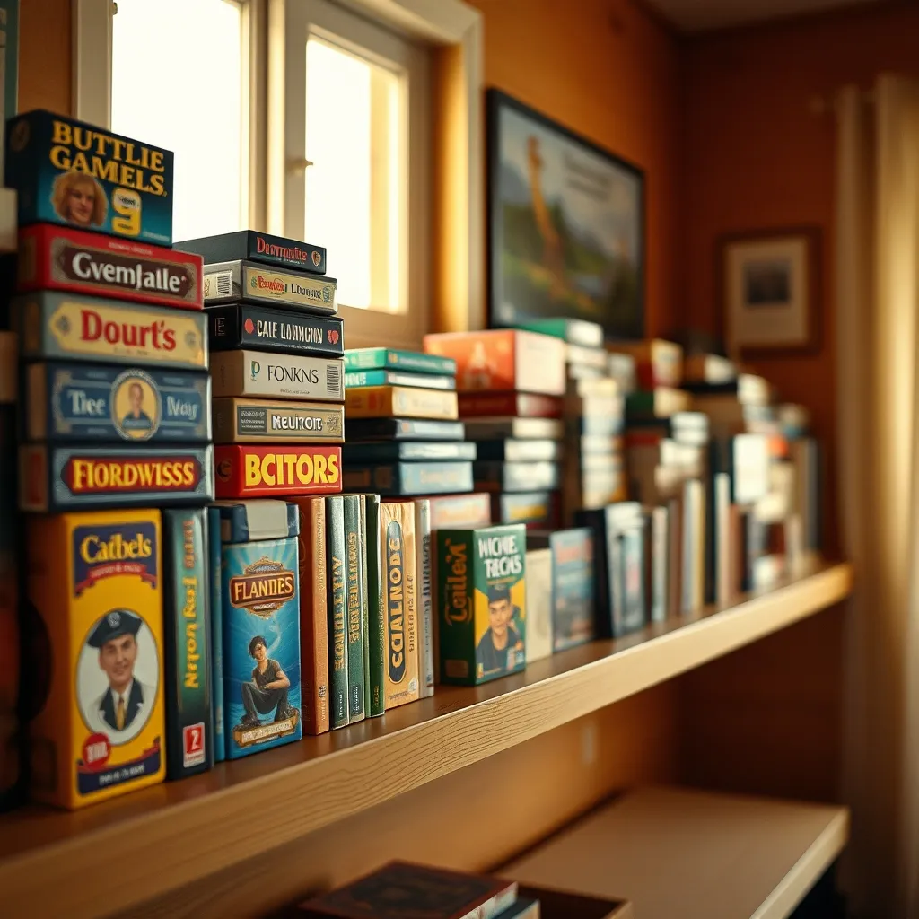 Colección de juegos de cartas modernos organizados en estantería