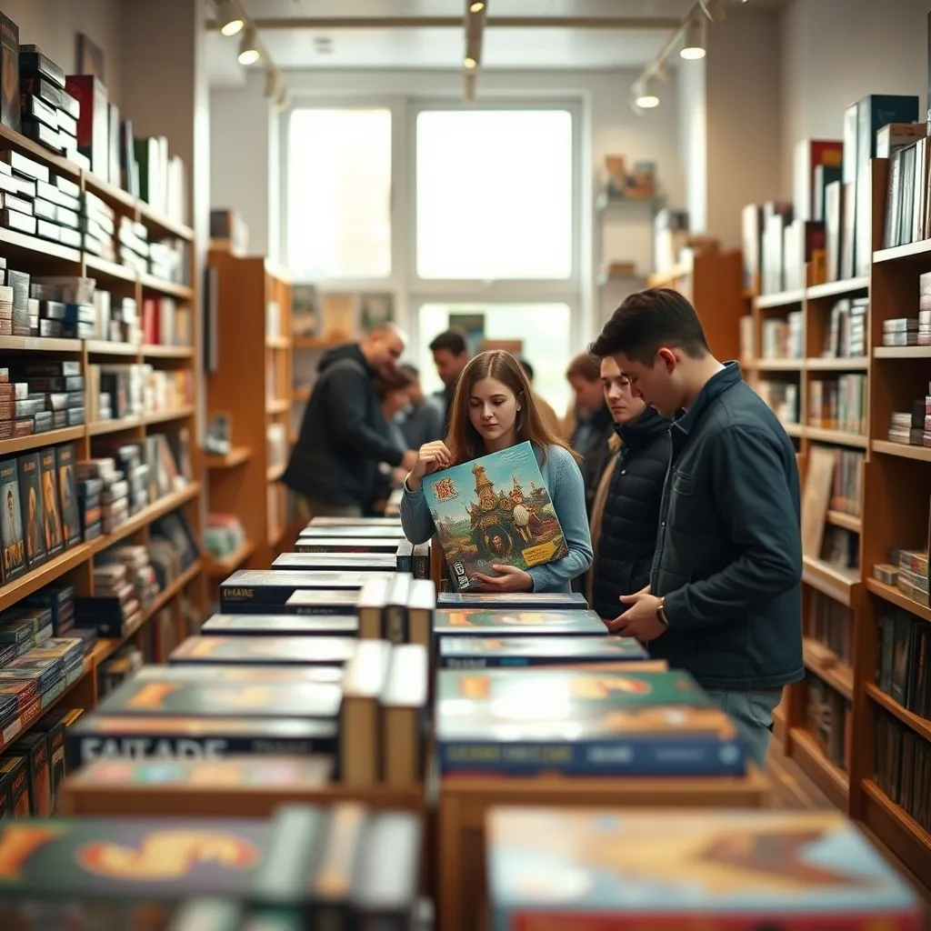 Un vendeur passionné conseille un client dans un magasin de jeux de société spécialisé