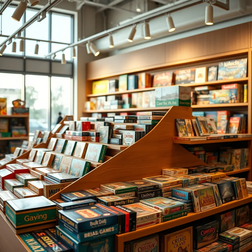 Les nouveautés et meilleures ventes mises en valeur dans la vitrine d'un magasin de jeux de société