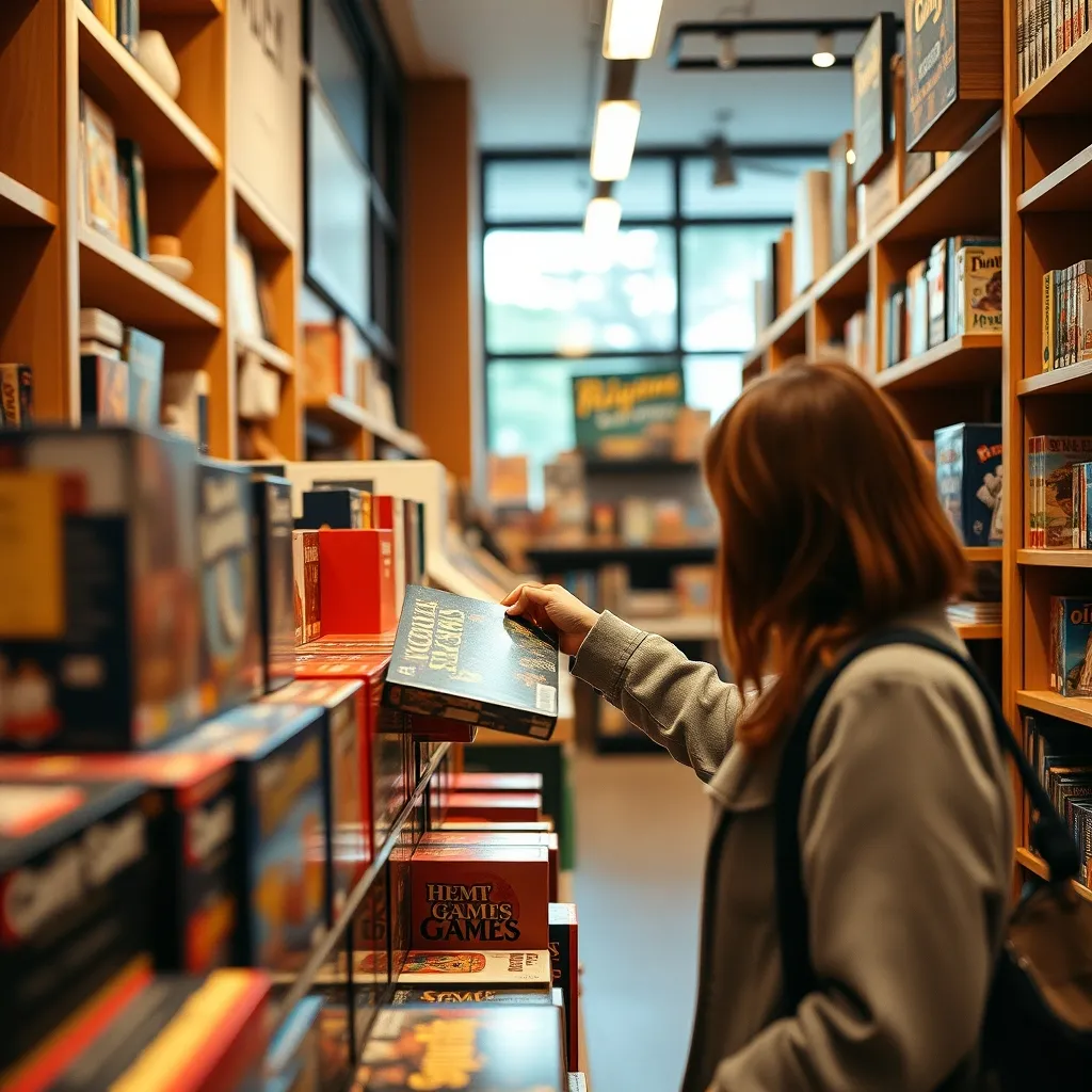 Un cliente examina las novedades en la estantería de una tienda de juegos de mesa