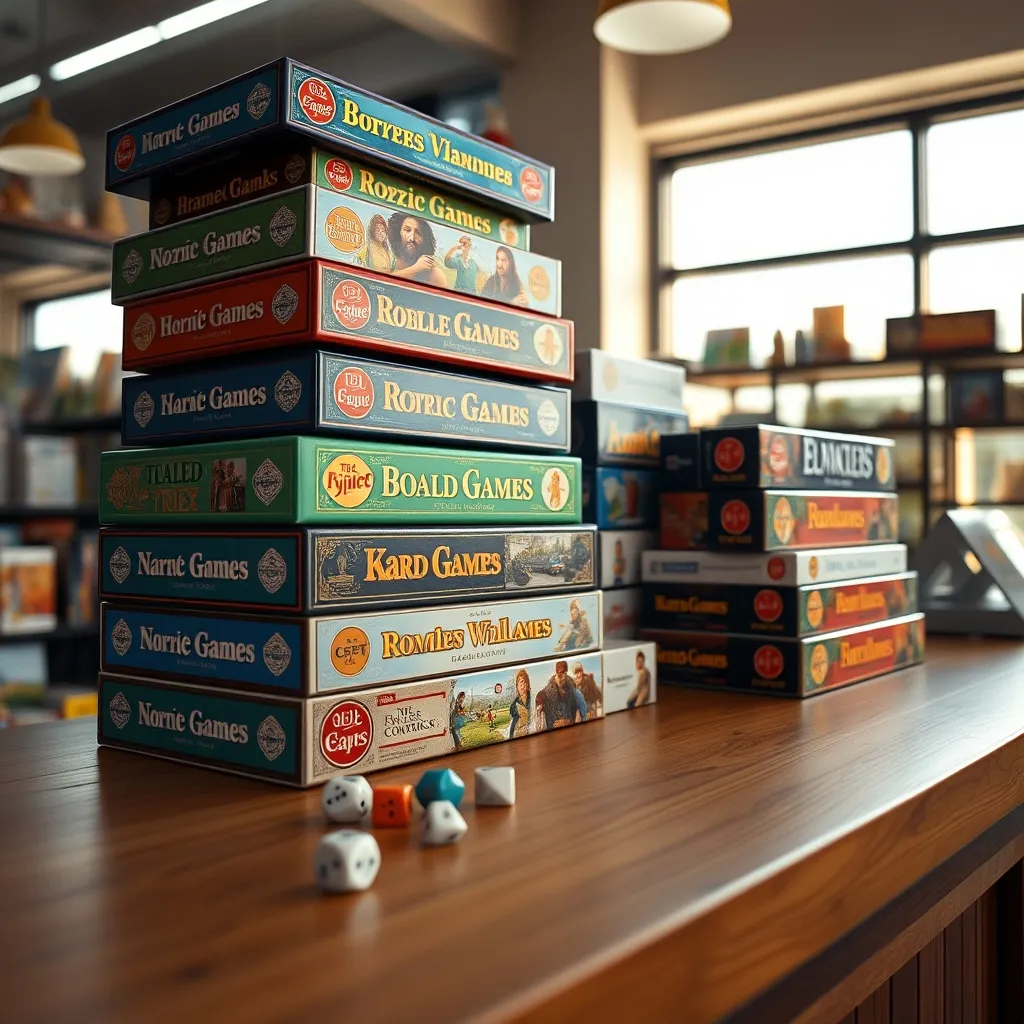 Selección de juegos de mesa apilados junto a dados y fichas en el mostrador de una tienda