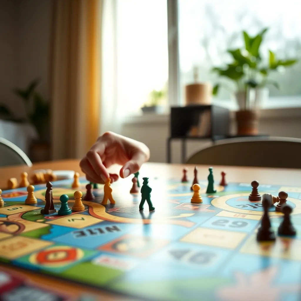 Detalle de un eurogame con meeples y fichas de recursos sobre un tablero colorido