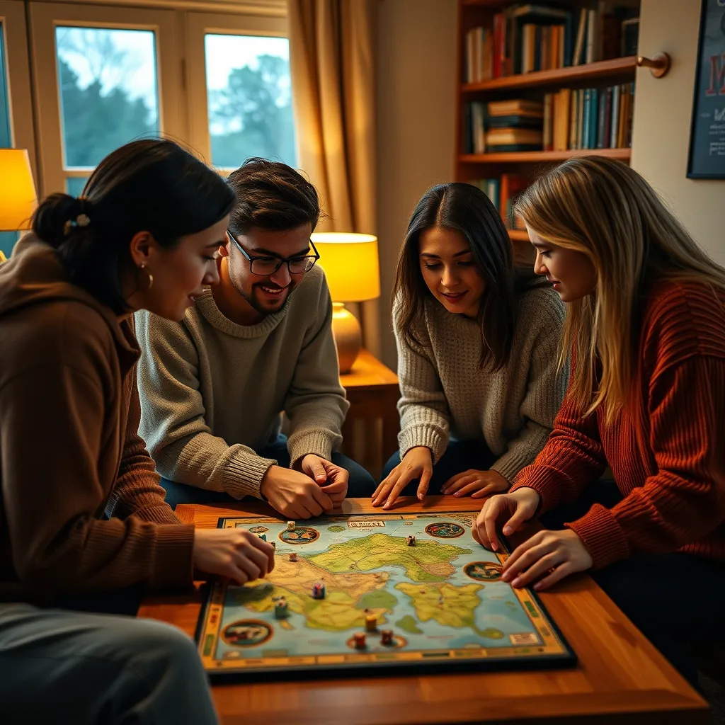 Grupo de amigos jugando a un juego de mesa cooperativo en una acogedora velada