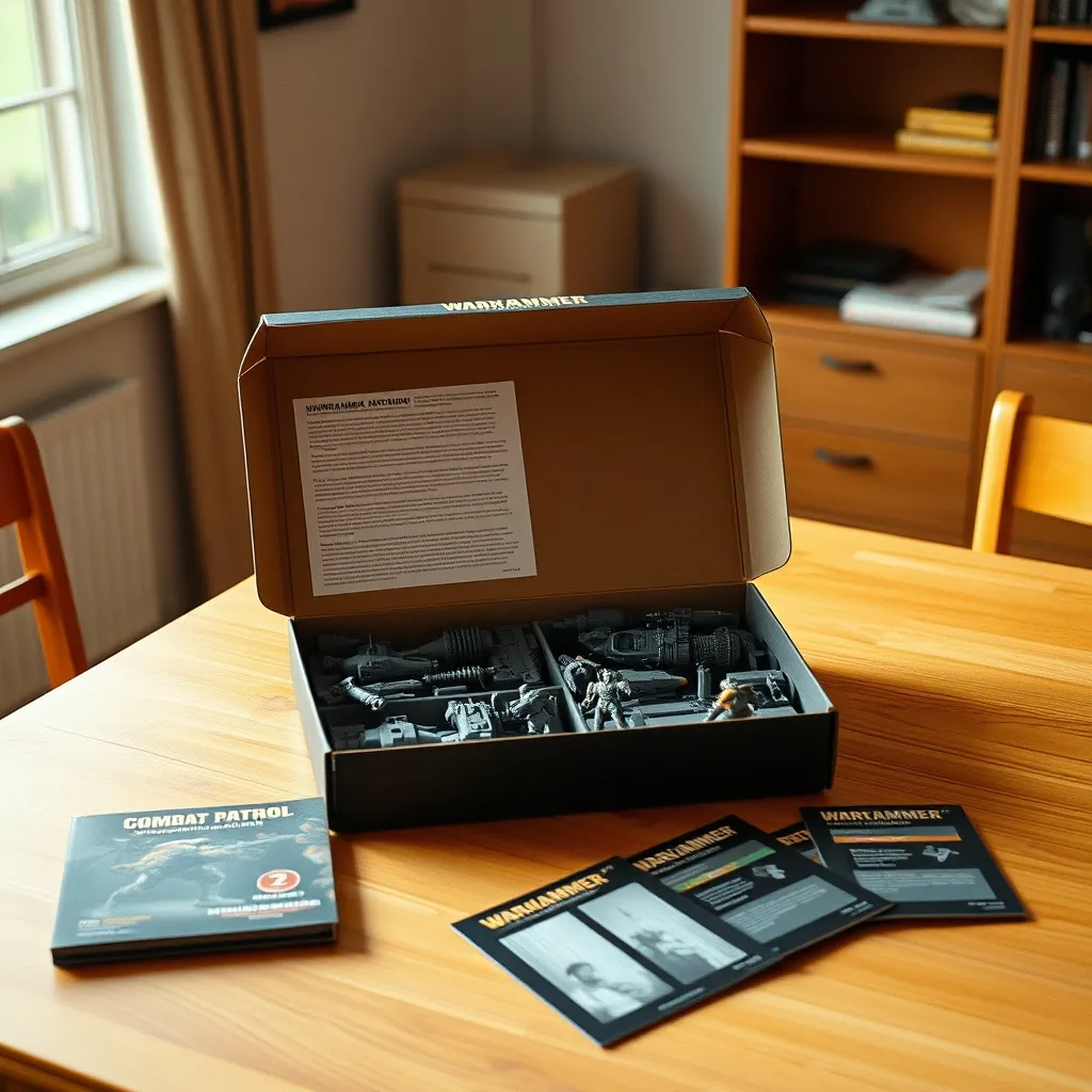 Contenido de una caja Combat Patrol con matrices de plástico y tarjetas de datos