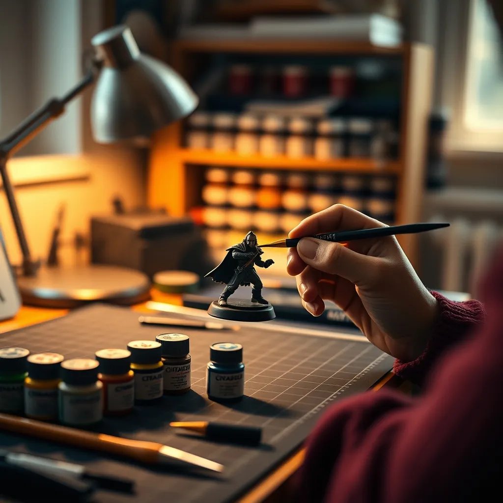 Proceso de pintura de miniaturas con pinturas acrílicas y herramientas de modelismo