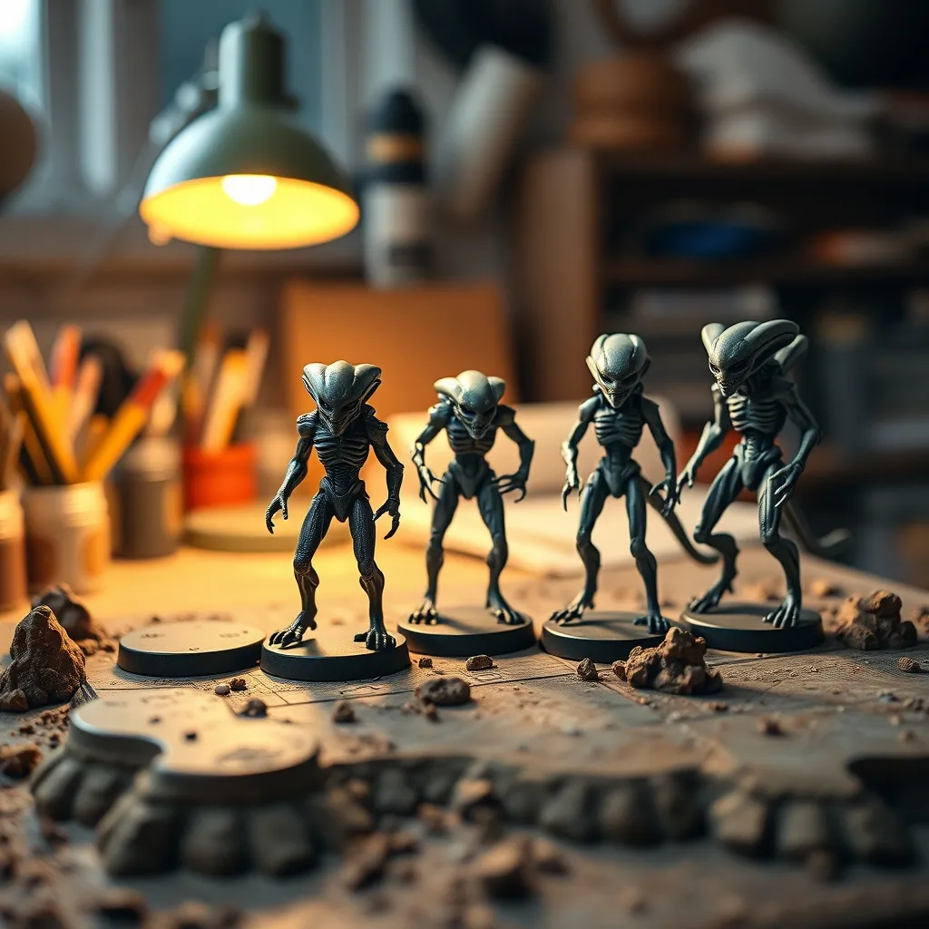 Miniaturas de las tres facciones del juego representadas sobre un tablero de wargame