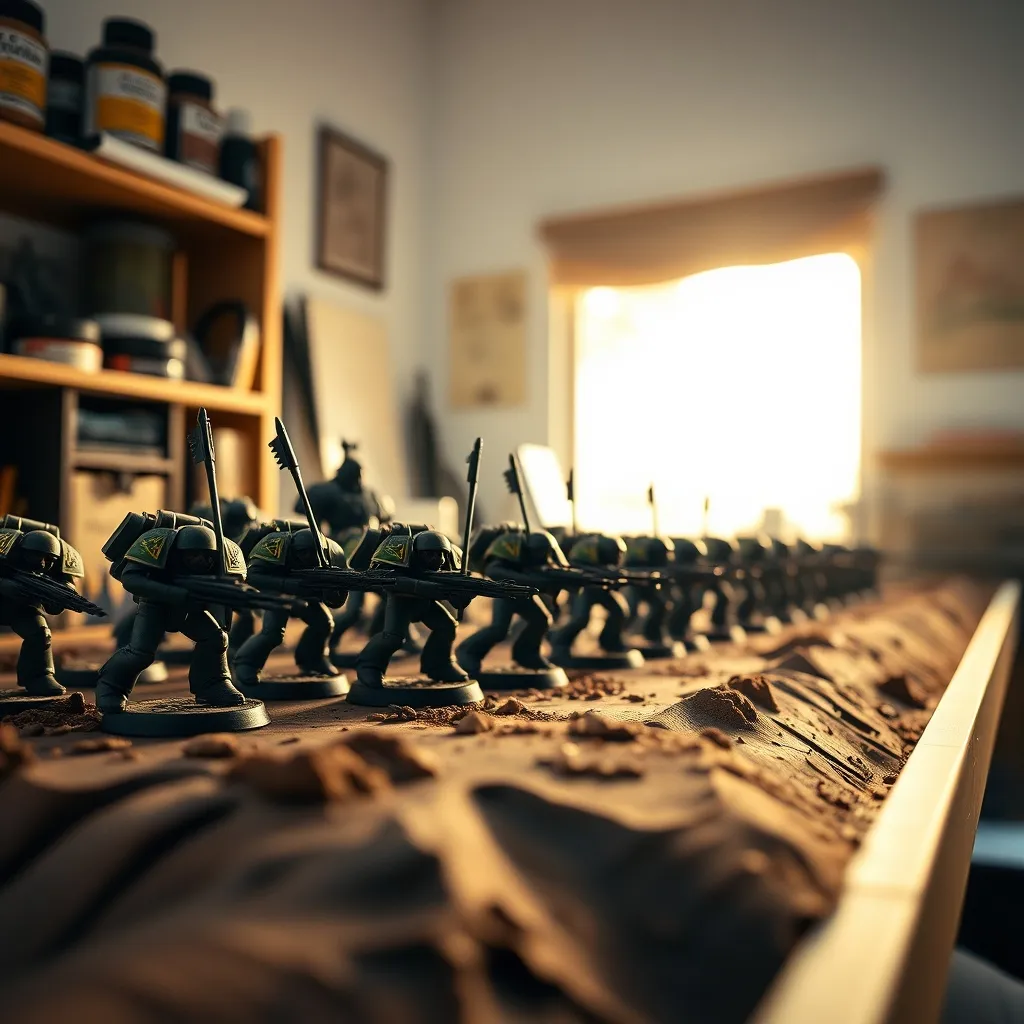 Miniaturas de Marines Espaciales de Warhammer 40K pintadas sobre un terreno de batalla