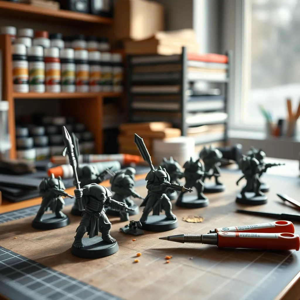 Kits de miniaturas de fabricantes alternativos como Lost Kingdom y Mantic Games sobre mesa de trabajo
