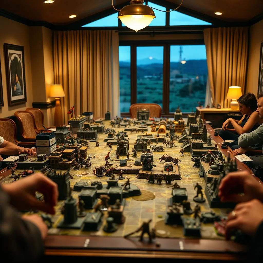 Mesa de juego con terreno detallado y dos ejércitos enfrentados durante una partida