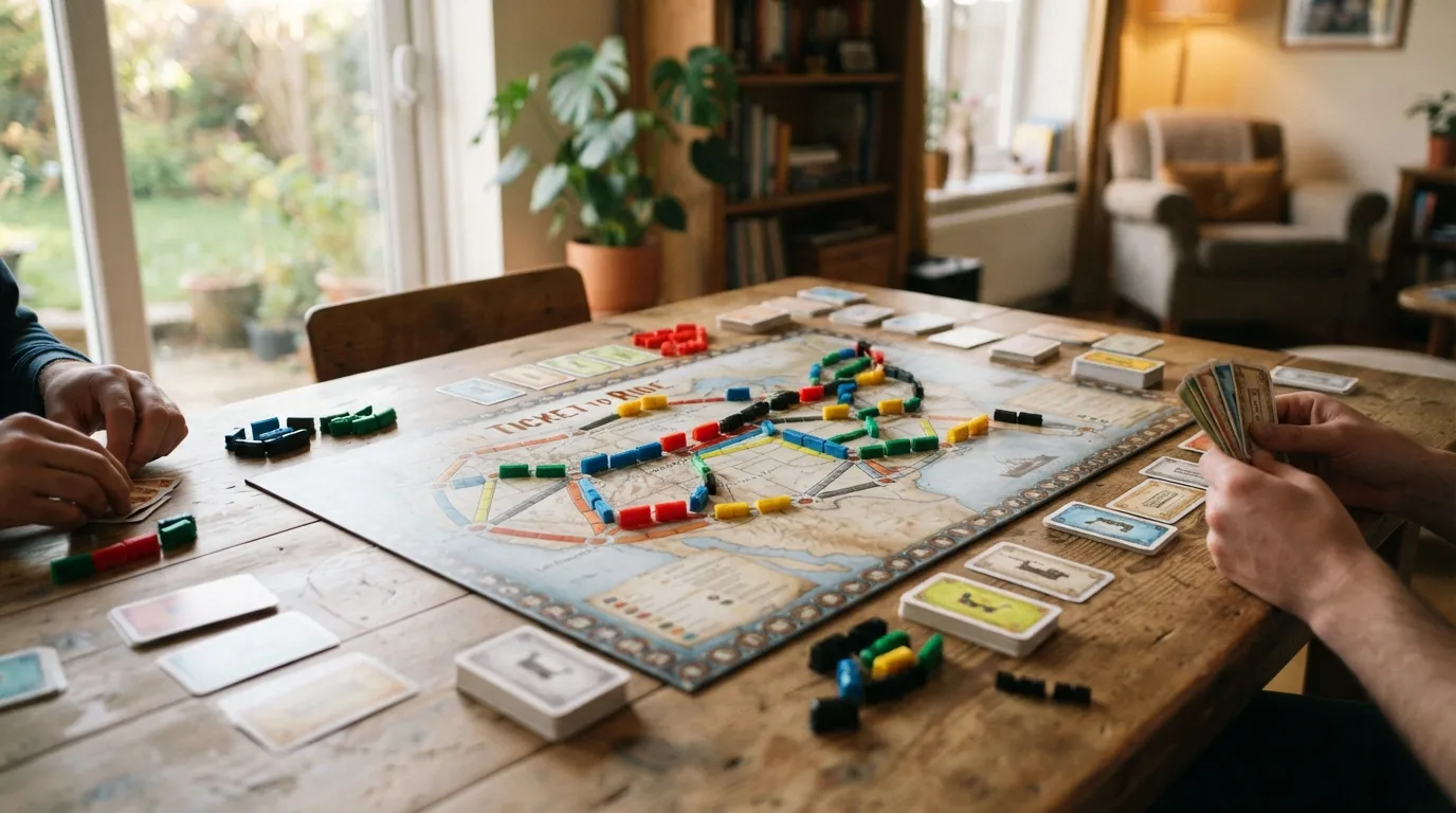 Tablero de Aventureros al Tren con vagones colocados sobre las rutas del mapa
