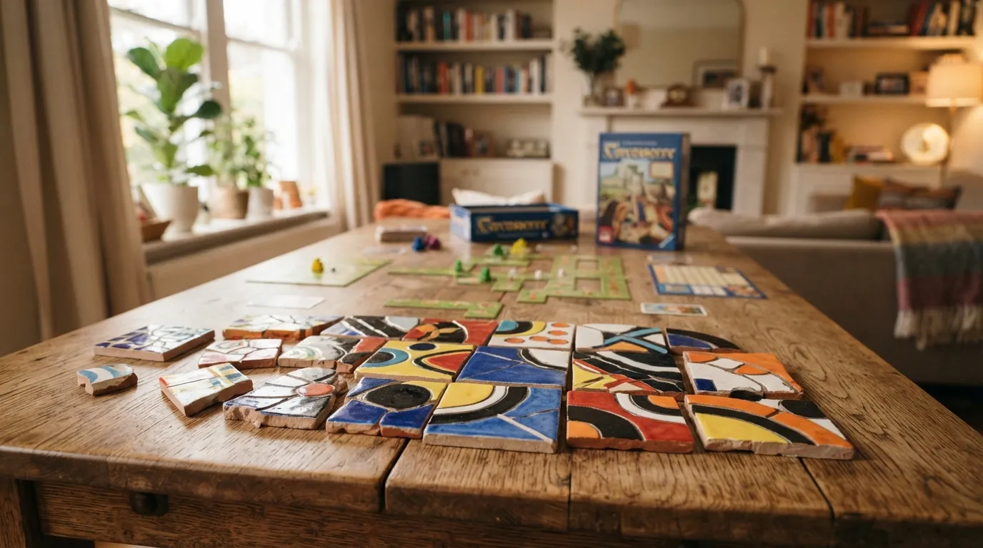 Losetas de colores del juego de mesa Azul dispuestas sobre un tablero de jugador durante una partida