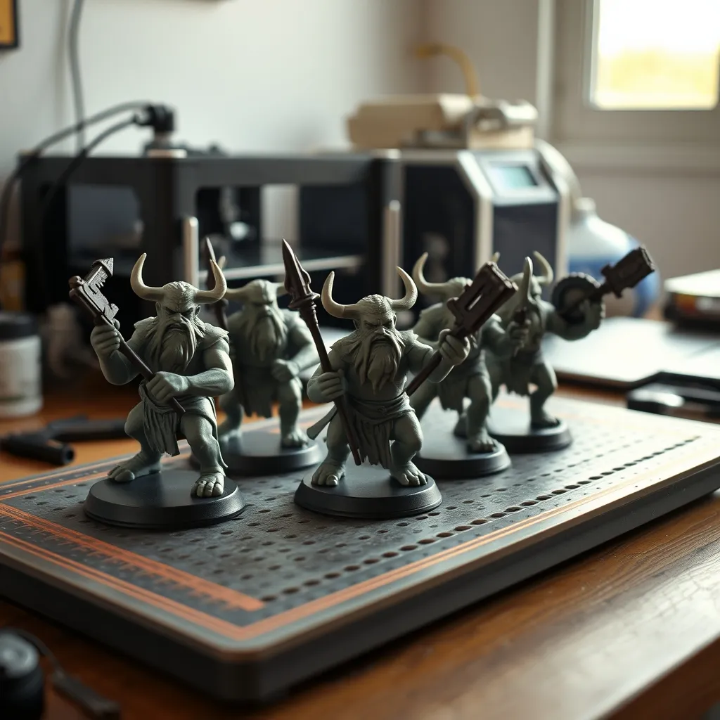 Miniaturas de Centauros Toro recién impresas en 3D sobre la bandeja de una impresora de resina