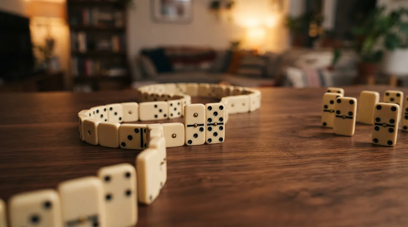 Fichas de dominó doble seis formando una cadena sobre mesa de madera