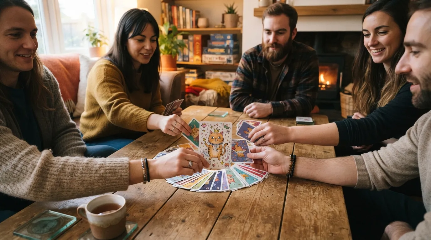 Cartas de Exploding Kittens desplegadas sobre la mesa durante una partida entre amigos