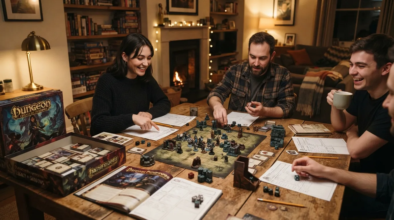 Sesión de Gloomhaven con mapa de escenario y cartas de personaje sobre la mesa