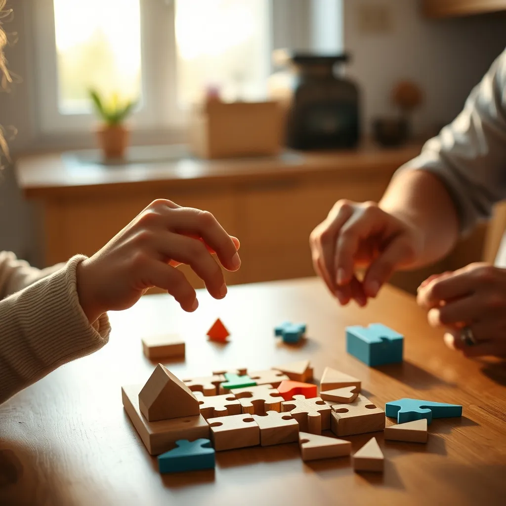 Un niño y un adulto resolviendo juntos un tangram de madera con piezas de colores