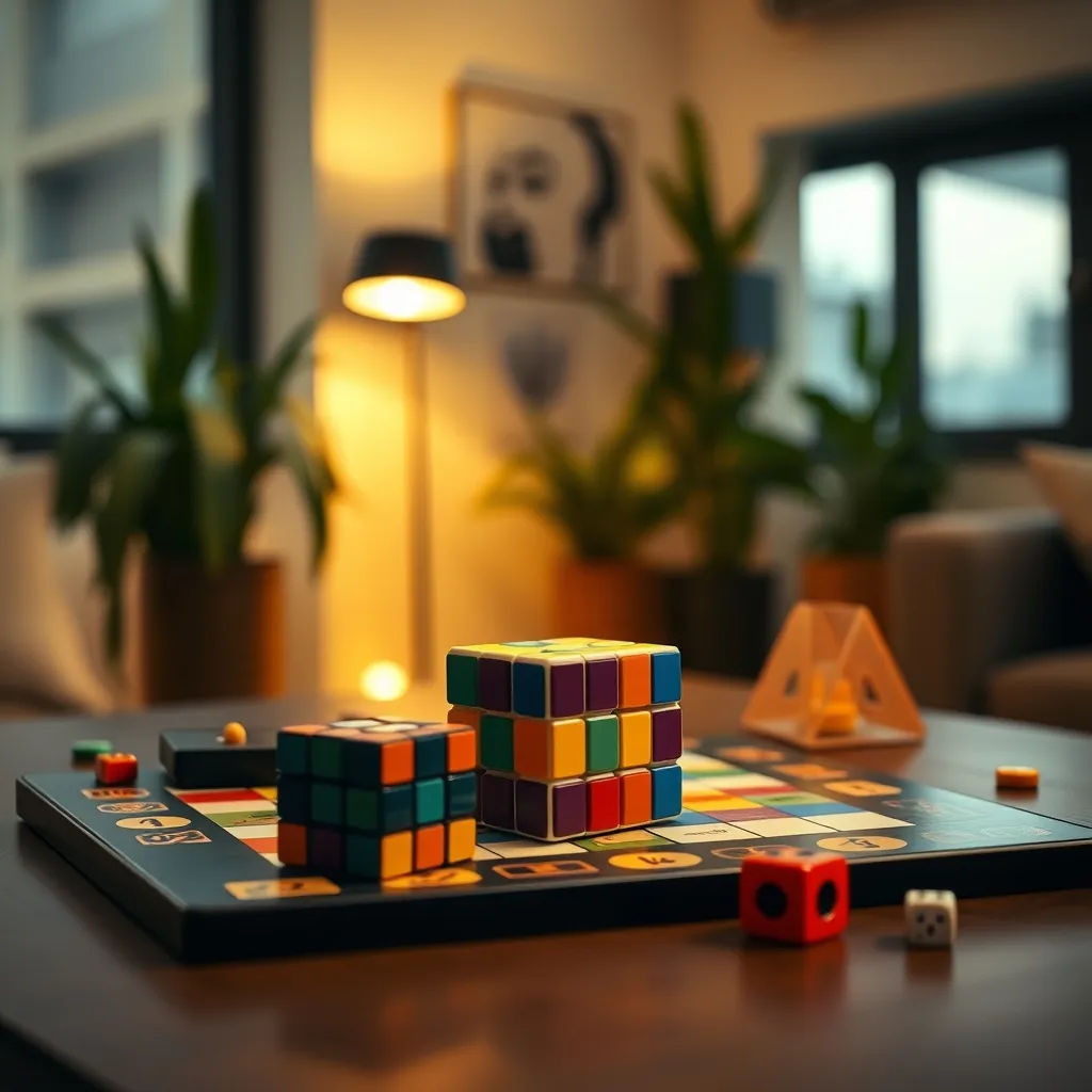 Cubo de Rubik y juego Ubongo preparados para una noche de rompecabezas en familia