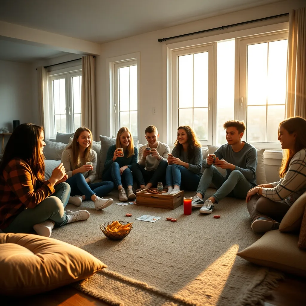 Grupo de adolescentes jugando un juego cooperativo de cartas con aperitivos cerca