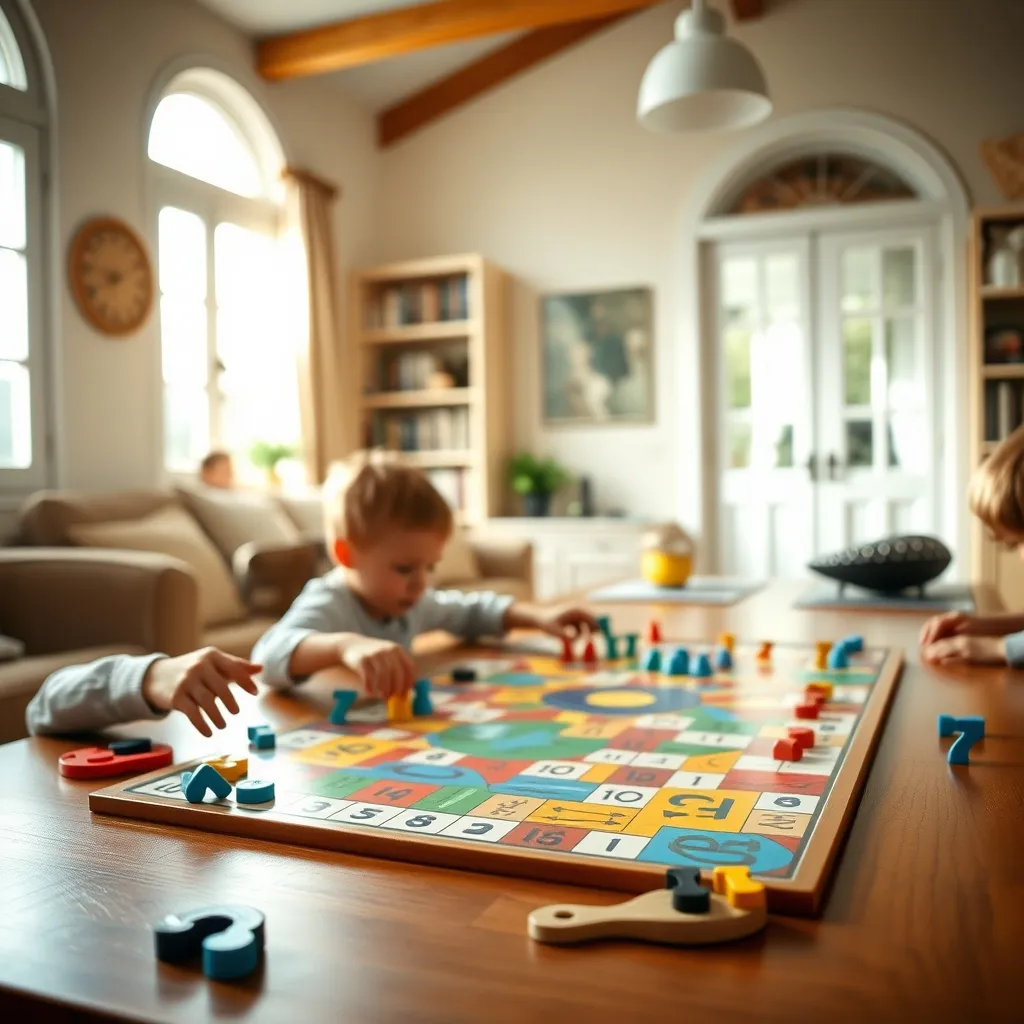 Juegos de mesa educativos de matemáticas desplegados sobre una mesa familiar