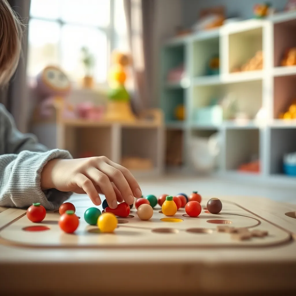 Un niño pequeño contando piezas de fruta de madera durante una partida educativa