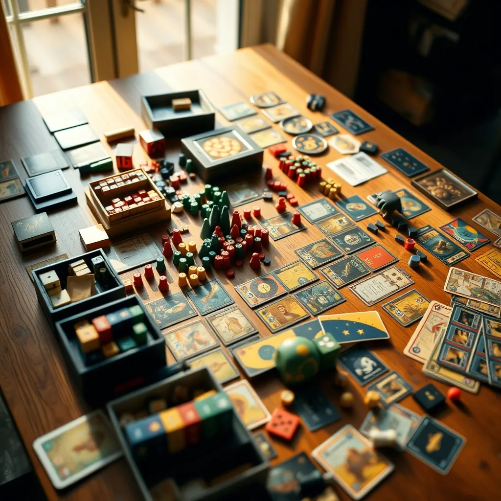 Componentes de varios juegos de mesa desplegados sobre la mesa listos para una sesión con grupo grande