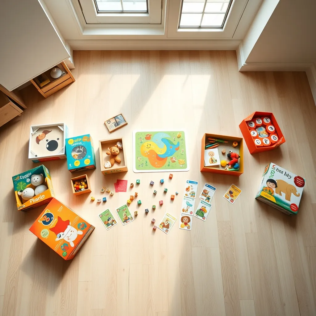 Una selección de juegos de mesa infantiles con componentes de madera y cartón resistente