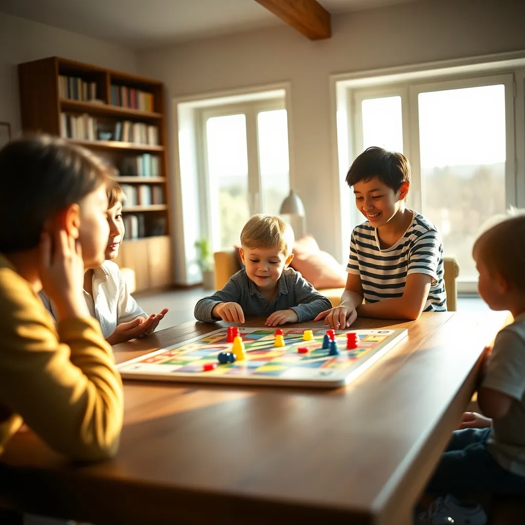 Familia disfrutando de una partida de juegos de mesa con un niño de 6 años en el salón de casa