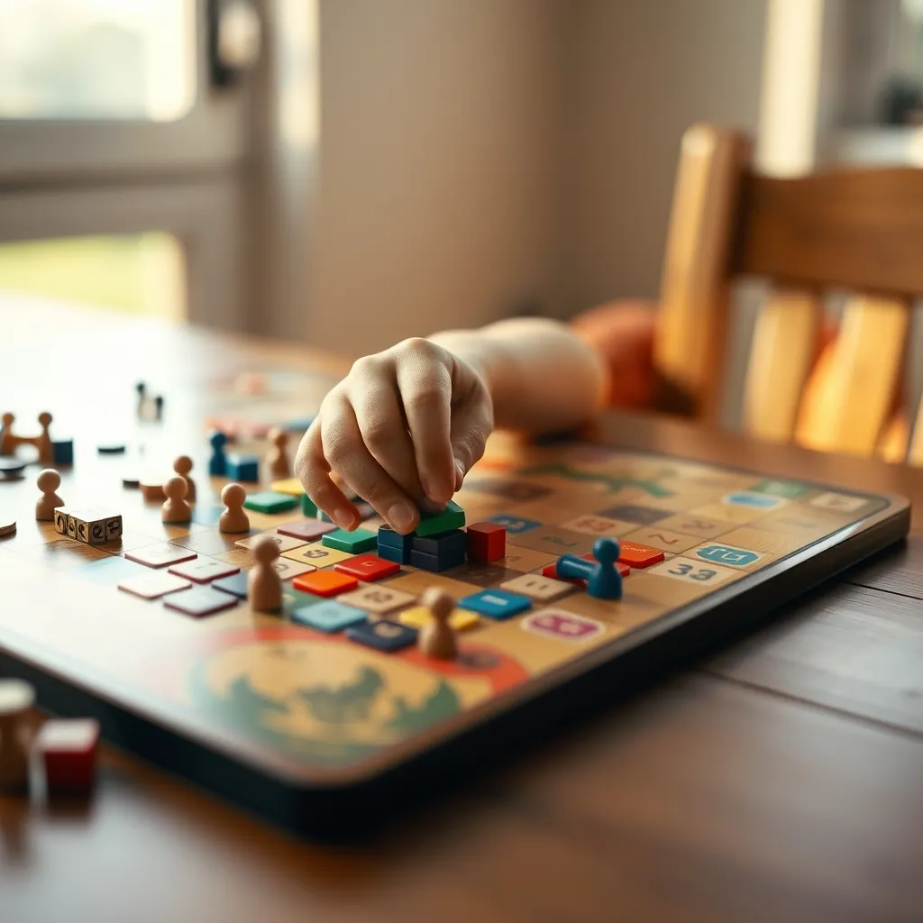 Manos de un niño colocando fichas de colores en un juego de mesa infantil