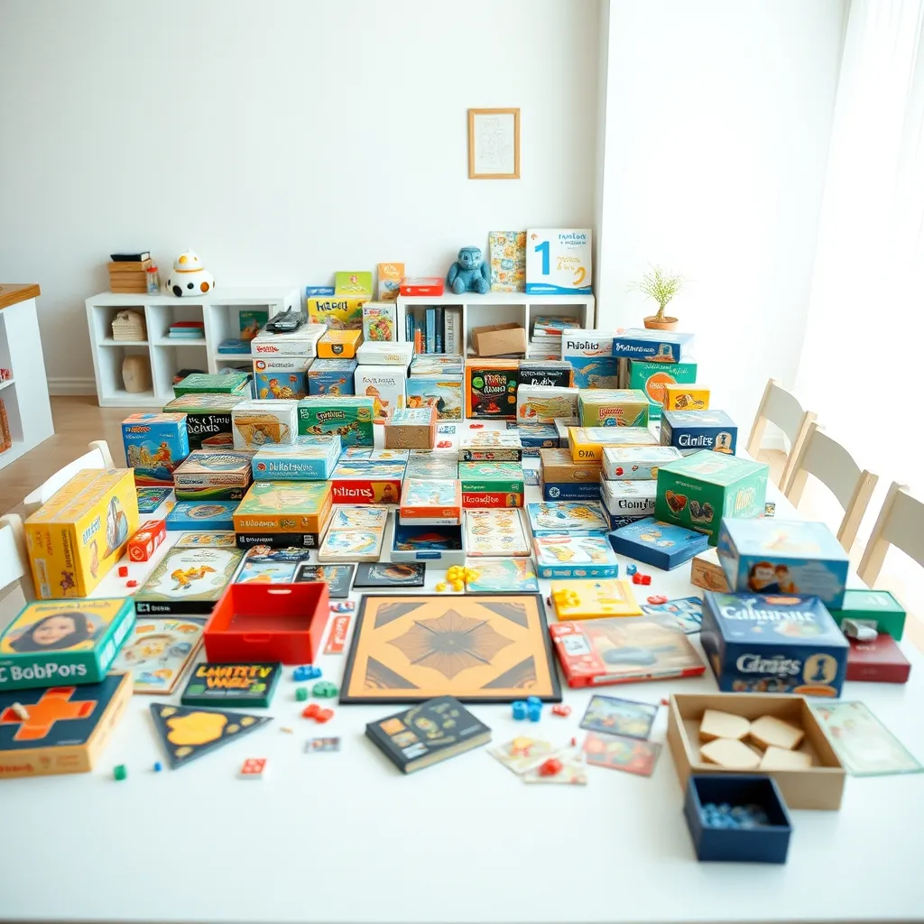 Selección de juegos de mesa infantiles con sus componentes desplegados sobre la mesa