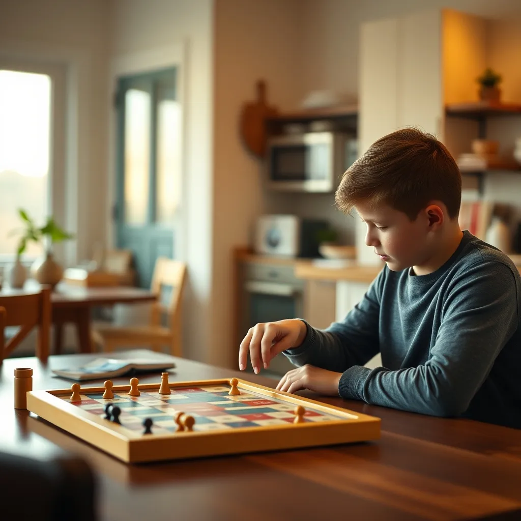 Padre explicando las reglas de un juego de mesa a su hijo de seis años en la cocina