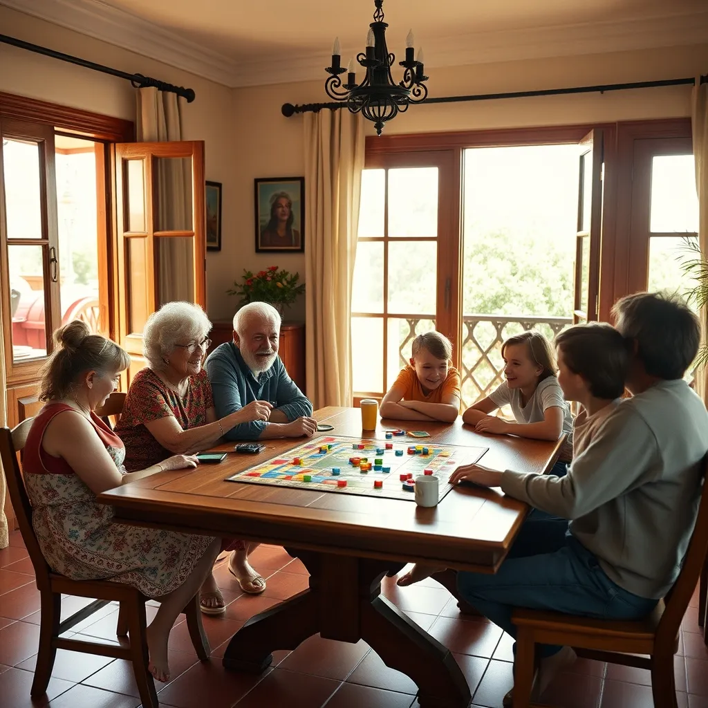 Familia multigeneracional disfrutando de una partida de mesa con niños de distintas edades