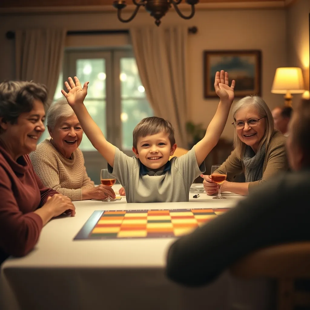La expresión de un niño al ganar limpiamente a toda la familia en una partida de mesa