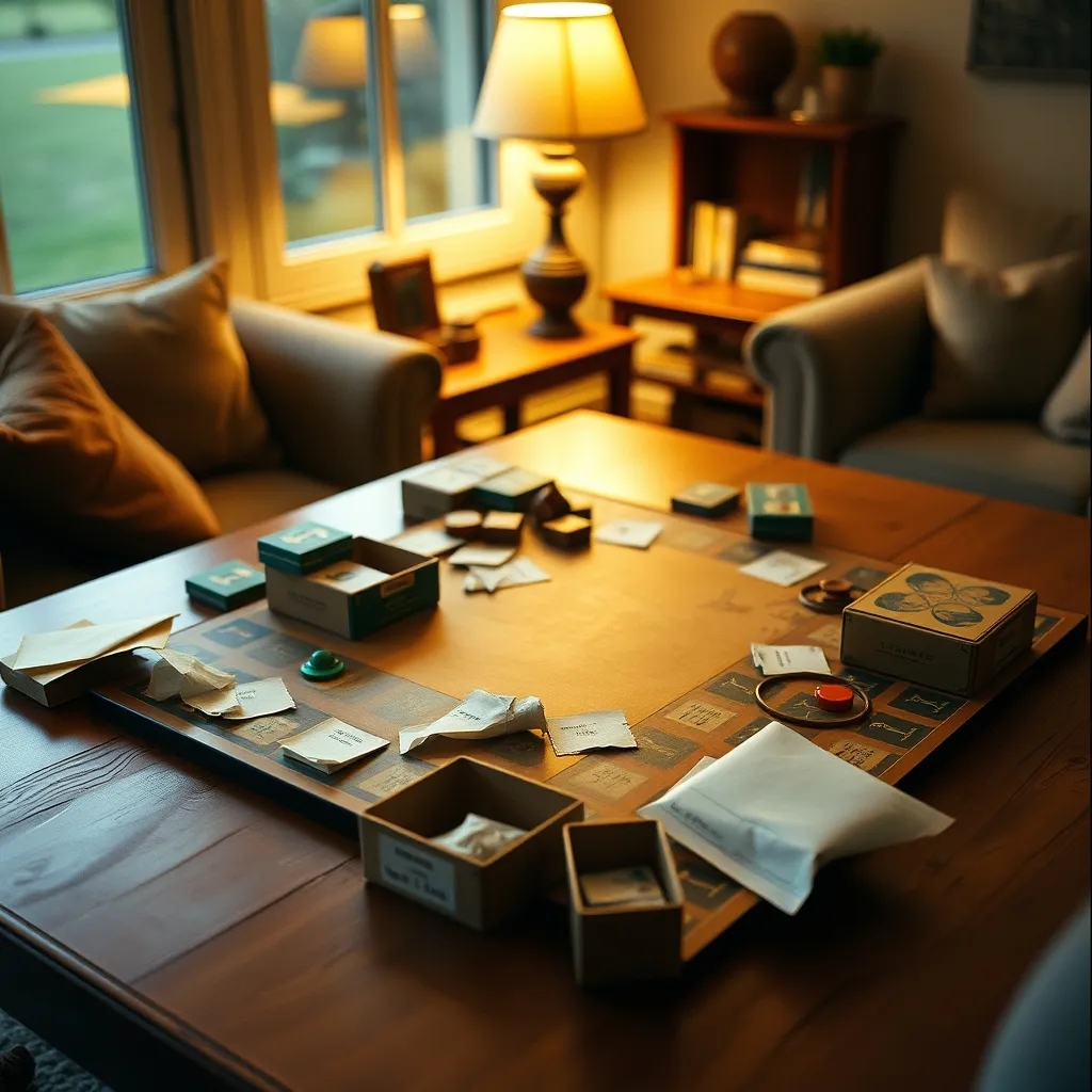 Componentes de un juego legacy sobre la mesa: pegatinas, sobres sellados y cartas que se modifican para siempre