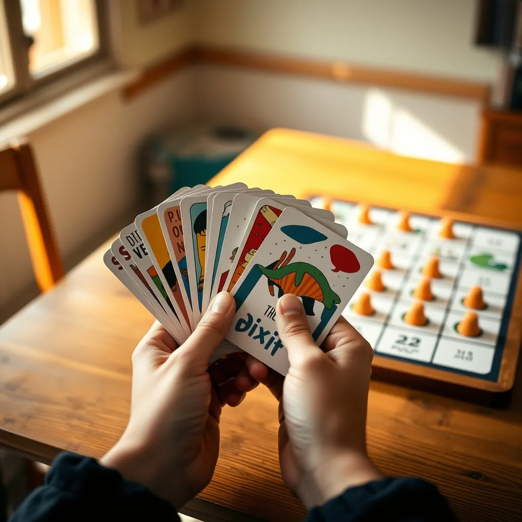 Cartas ilustradas de un juego party creativo desplegadas sobre la mesa