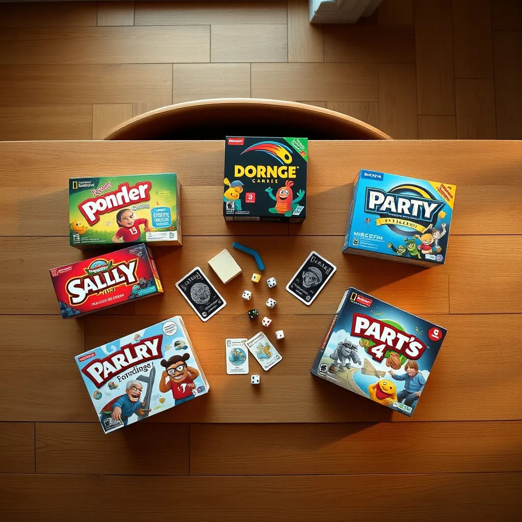 Selección de cajas de juegos party rápidos con sus componentes desplegados