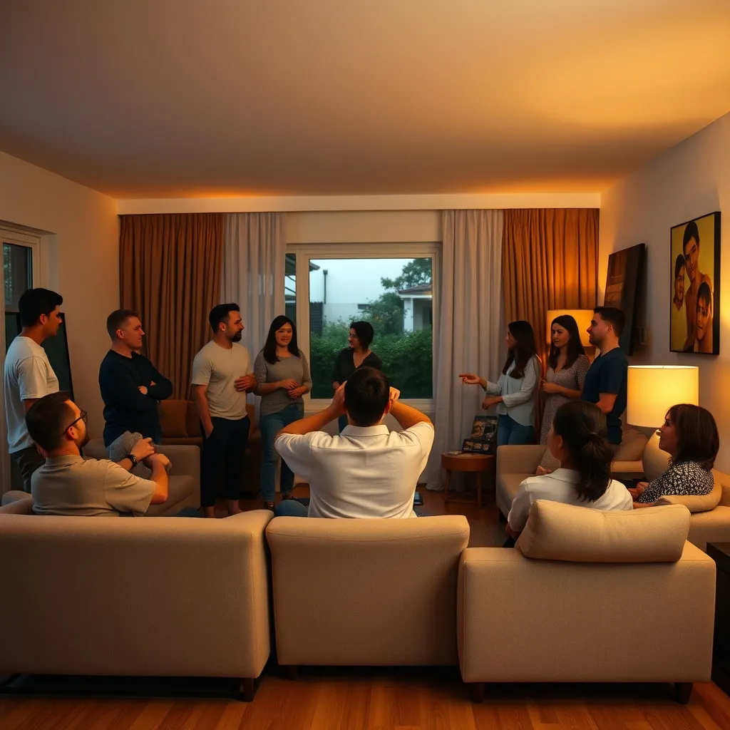 Grupo grande jugando a un party game de mímica durante una reunión nocturna
