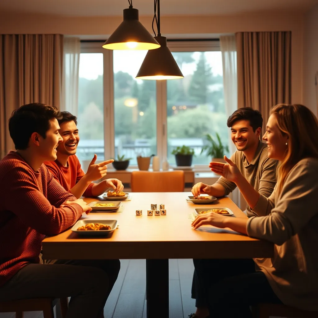 Grupo de amigos disfrutando de su primera sesión de rol de mesa en un ambiente distendido