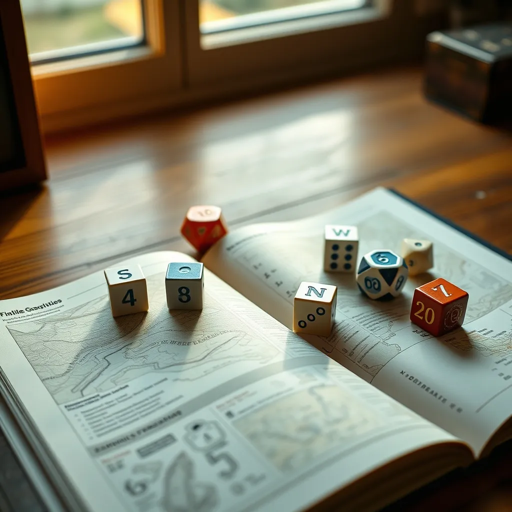 Set completo de dados poliédricos sobre un manual de rol de fantasía abierto