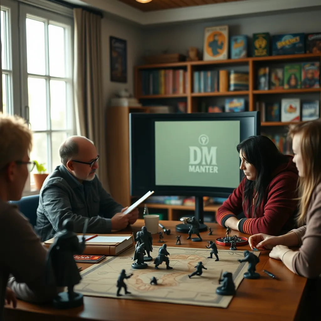 Director de juego preparando la escena detrás de su pantalla mientras los jugadores esperan atentos