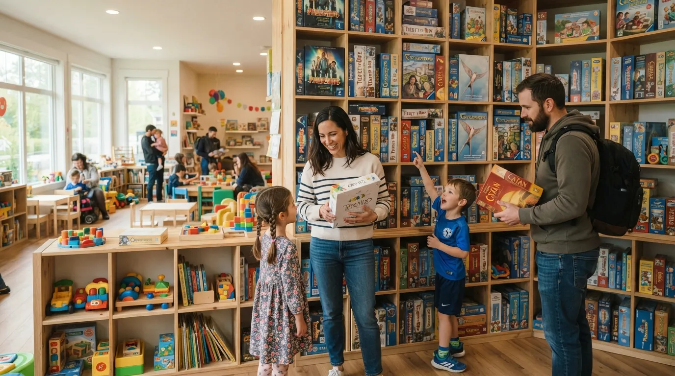 Estanterías de una ludoteca con juegos de mesa modernos y juguetes educativos disponibles para préstamo