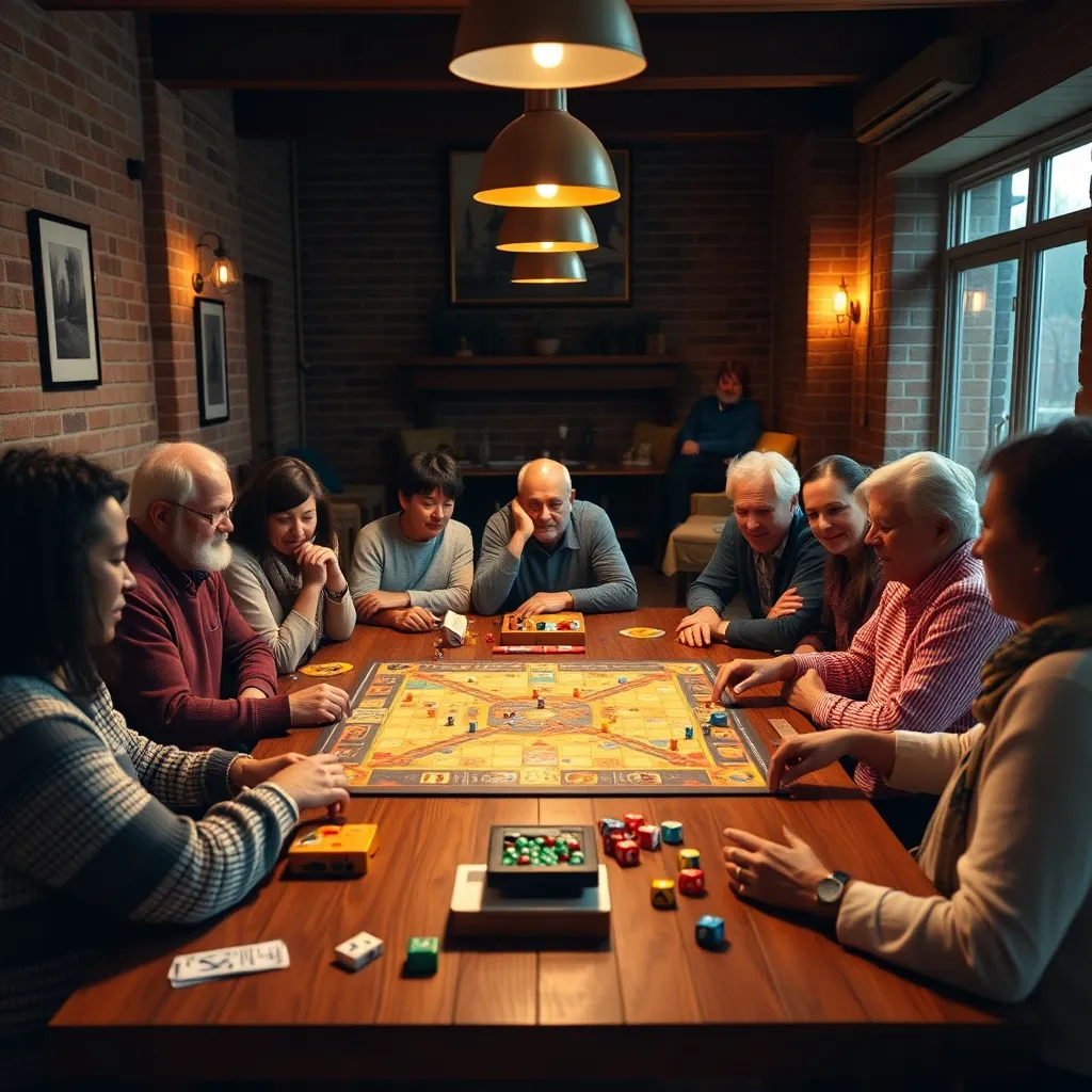 Un grupo de jugadores reunidos en torno a la mesa del club con varios juegos de mesa desplegados