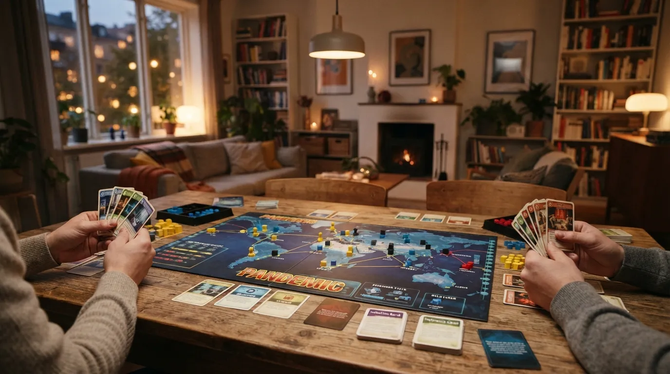 Tablero de Pandemic preparado para una partida con cubos de enfermedad repartidos por el mapa mundial