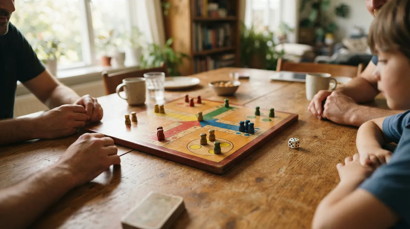 Tablero de parchís con fichas de cuatro colores y dado mostrando un cinco