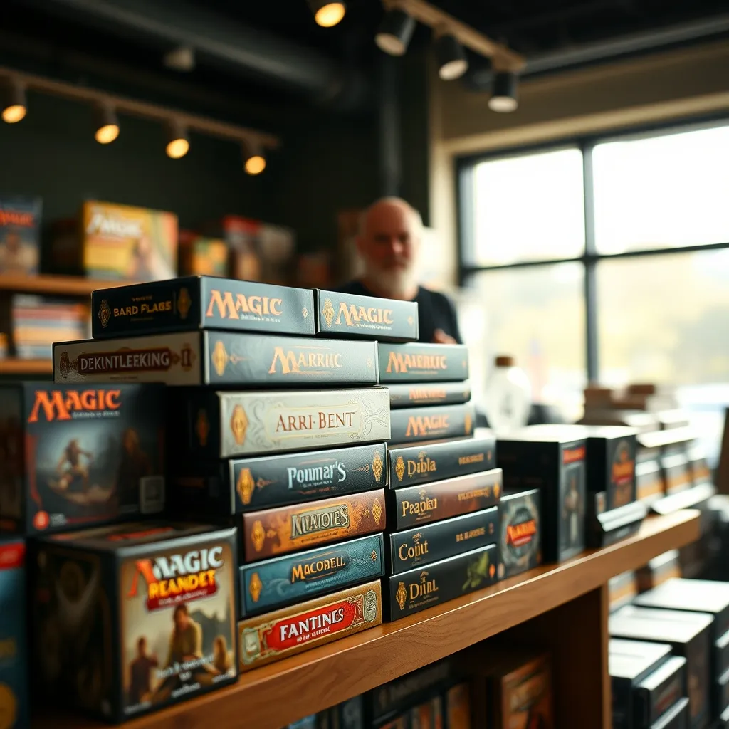 Selección de cajas de los deckbuilders de referencia en una estantería de tienda especializada