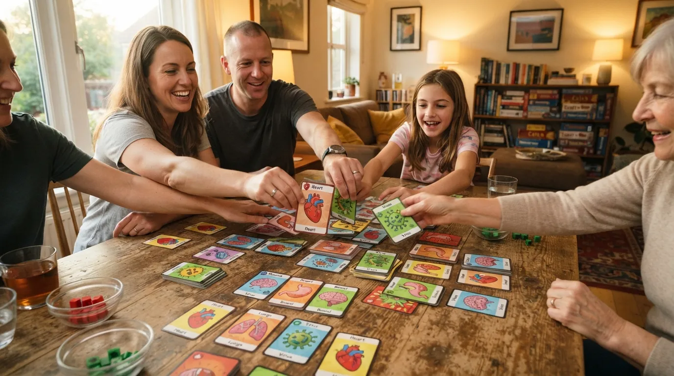Partida de Virus! en marcha sobre una mesa de madera con varias cartas de órganos y virus desplegadas