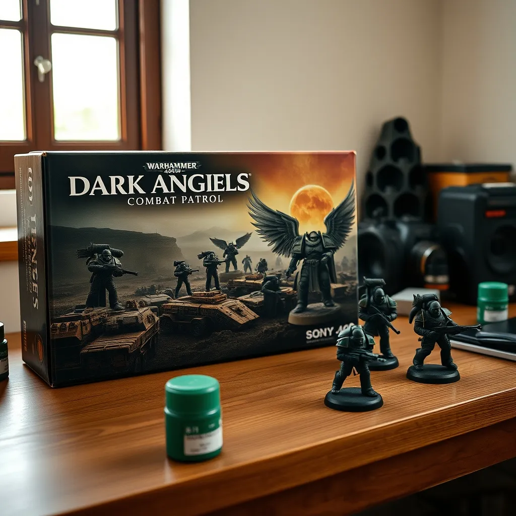 Contenido de la Patrulla de Combate Dark Angels junto a pinturas Citadel para el esquema verde Caliban